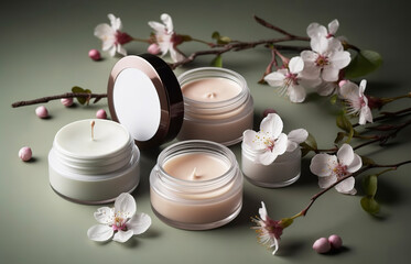Obraz na płótnie Canvas Natural organic eco cosmetics in open jars with blooming cherry flowers, beauty and SPA theme. Cosmetic containers with cream or lotion, natural ingredients, face care concept.