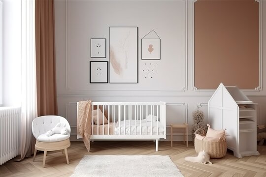 Modern minimalist nursery room in scandinavian style. Baby room interior in light colours, AI generated image