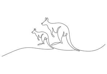 Continuous one single line of two kangaroos standing for Australia day celebration. Continuous line drawing of kangaroo and joey. Vector illustration.