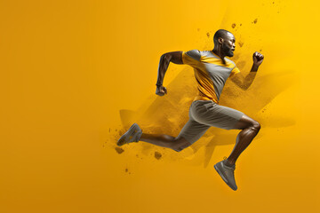 Fototapeta na wymiar A man is running on a yellow background. Generative AI.