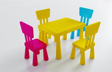 Colorful plastic set for children to sit and play in the kindergarten or to place in the children's room. Grey children table with two plastic chairs isolated on white background. 3d rendering.