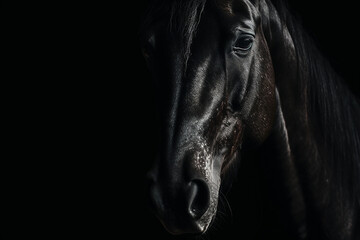 Black horse head portrait on black background, generative ai