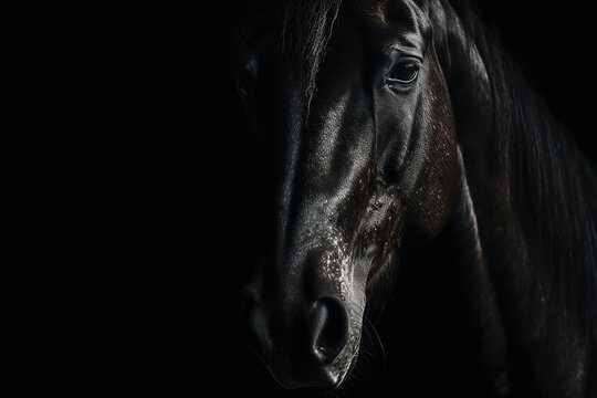 Black horse head portrait on black background, generative ai