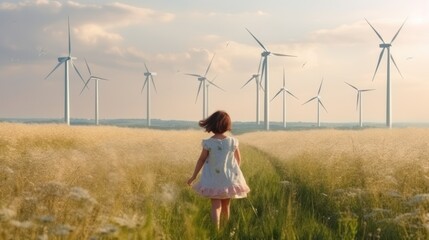 Fototapeta na wymiar Adorable girl standing in wind turbine field. Green alternative energy, Generative AI