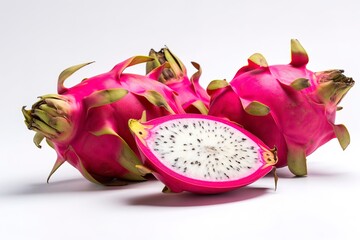 Ripe dragon fruit, pitaya or pitahaya on white background, fruit healthy concept. Tropical fruits, whole and sliced dragon fruit.