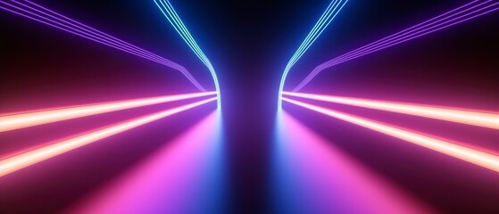 3d rendering, rounded pink blue neon lines, glowing in the dark. Abstract minimalist geometric background. Ultraviolet spectrum. Cyber space. Futuristic wallpaper, generate ai