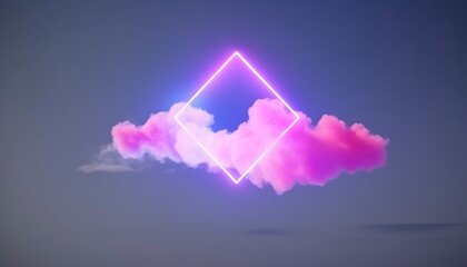 3d render, abstract minimal background with pink blue yellow neon light square frame with copy space, illuminated stormy clouds, glowing geometric shape, generate ai