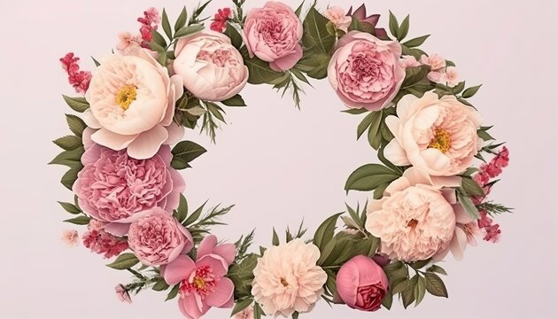 Wreath made of flowers. Floral round frame, wreath made of peonies flower buds and green leaves, botanical design, flat lay, top view, free space for text. 