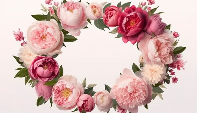 Wreath made of flowers. Floral round frame, wreath made of peonies flower buds and green leaves, botanical design, flat lay, top view, free space for text. 