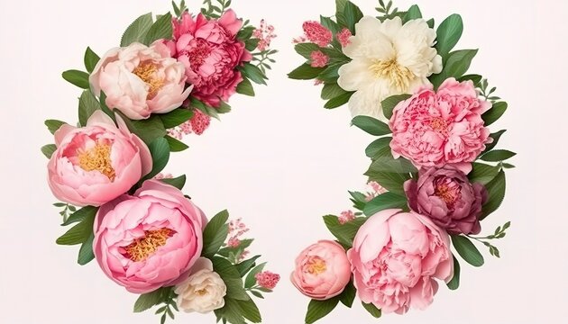 Wreath made of flowers. Floral round frame, wreath made of peonies flower buds and green leaves, botanical design, flat lay, top view, free space for text. AI generated image