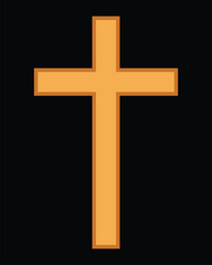 Golden or wooden christian cross isolated on a black background. A symbol of the love of Jesus. God vector illustration. Catholic symbol flat vector, gold cross. Christian cross symbol icon.