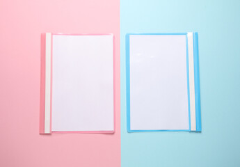 Two plastic folders with paper sheets on pastel background