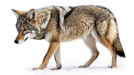 A lone coyote Canis latrans isolated on white background walking and hunting in the winter snow - obrazy, fototapety, plakaty
