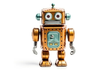 Fototapeta premium Retro robot toy on a clean white background, generative AI