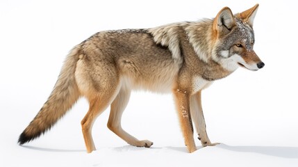 A lone coyote Canis latrans isolated on white background walking and hunting in the winter snow