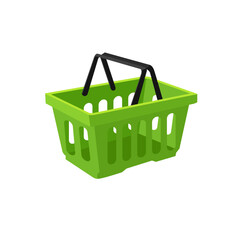 Empty green plastic basket 3D with black handles for shopping for products, goods. The concept of retail, sales, discounts.