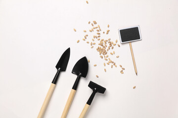 Set of miniature gardening tools with wheat seeds and chalk board isolated on white background