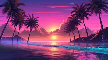 Fototapeta na wymiar Vaporwave palm trees, beach at sunset. Retrowave background. AI generative image.