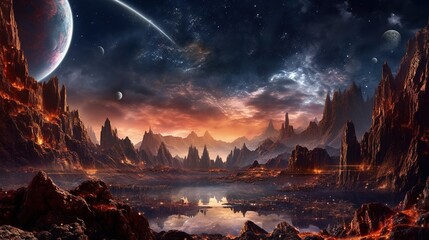 Illustration of alien Planet Fantasy rocky Environment with a night sky landscape. Generative AI