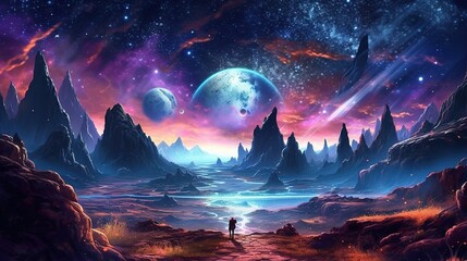 Fototapeta na wymiar Illustration of alien Planet Fantasy rocky Environment with a night sky landscape. Generative AI