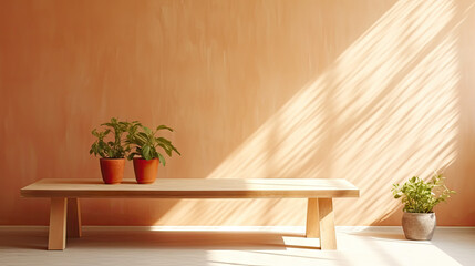 Wooden table mockup on beige stucco background with branch shadows on the wall. Mock up for branding products, presentation and health care.