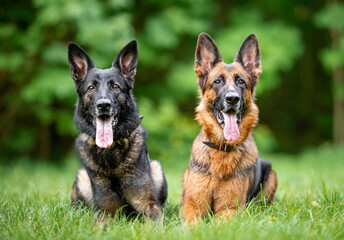 Two Beautiful black and tan and sable German shepherd portrait with open mouth and tongue out, outdoor, green blurred background, green spring grass