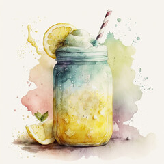 Watercolor fresh citrus smoothie or milkshake dessert in mason jar with lemon slice. Healthy fruit milk cocktail. Generative AI
- 606114957