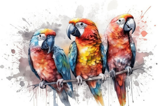 Three vibrant parrots perched on a branch, depicted in a watercolor painting style. Generative AI