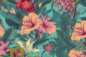 Rucksack A floral wallpaper with pink and green flowers. Generative AI © byarnoldus
