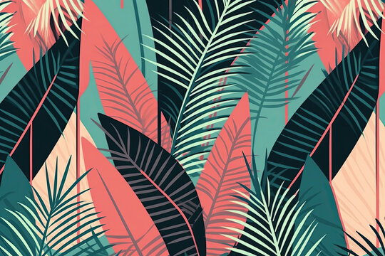 Tropical leaves pattern on a blue background. Generative AI
