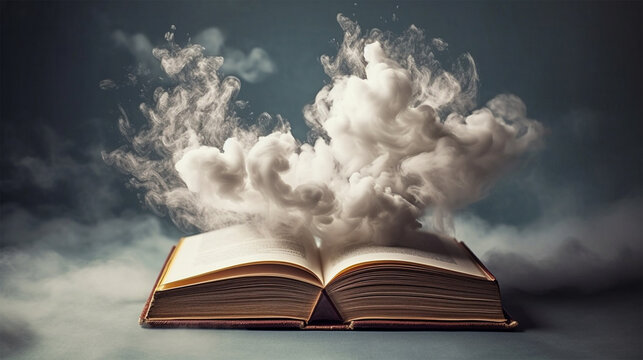 an open book emitting thick smoke from within. Generative Ai.