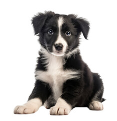A cute black and white puppy sitting on a transparent background. Generative AI