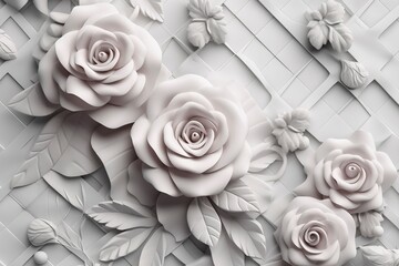 3d classic wallpaper. rose flowers on a light gray background with squares and wavy shapes. for wall home decor, generate ai