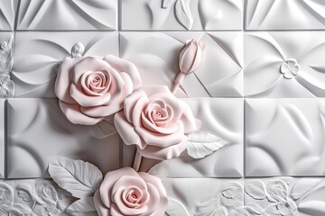 3d classic wallpaper. rose flowers on a light gray background with squares and wavy shapes. for wall home decor, generate ai