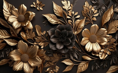 3d mural floral wallpaper. golden and black flowers and leaves. 3d render background wall decor, generate ai