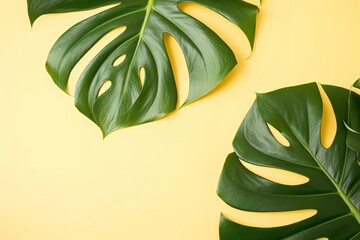 Fototapeta na wymiar Beautiful tropical palm monstera leaves branch isolated on pastel yellow background