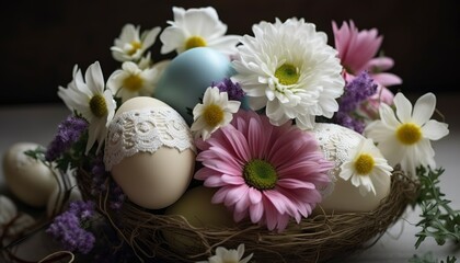 Fototapeta na wymiar Easter Egg Decoration With Flower Bouquet