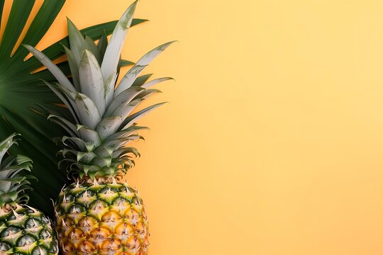 Beautiful pineapple on tropical palm monstera leaves isolated on bright pastel yellow background