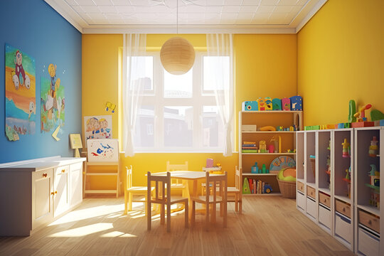 Empty Kindergarten Room Interior in Yellow and Blue Color: AI Generated Image