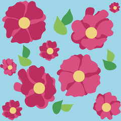Różowe kwitnące kwiaty na niebieskim tle, wzór wiosenny, wektory. Pink blooming flowers on blue background, spring pattern, vectors - obrazy, fototapety, plakaty