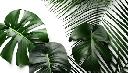 Tropical palm leaves and swiss cheese plant isolated on white background