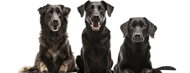 Three black dogs sitting together on a transparent background. Generative AI