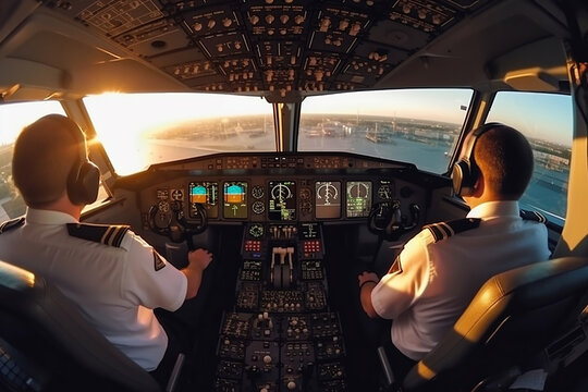 Dual controls inside cockpit of airplane on ground at airport, generative AI