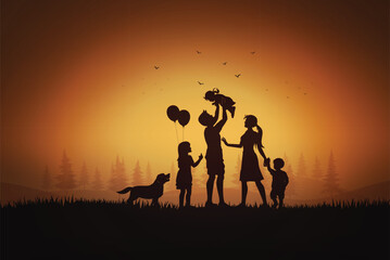 Fototapeta na wymiar happy-family-day-father-mother-children-silhouette-playing-grass-sunset