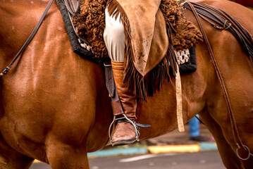 Detail of a gaucho's boot mounted on a horse