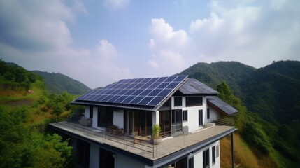 Fototapeta na wymiar eco-friendly house with solar panels on the roof surrounded by green nature. Generative AI