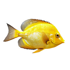 A bright yellow fish on a solid black background. Generative AI