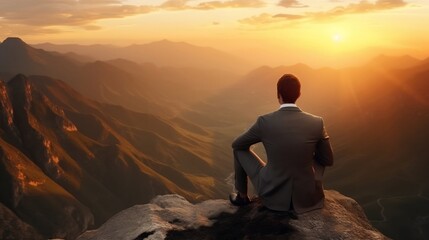 Obraz premium Businessman dressed in a stylish suit sitting atop a mountain. Generative AI 