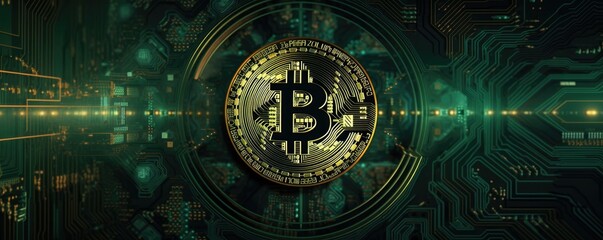 Bitcoin, a blockchain cryptocurrency, Horizontal Emerald background, Bitcoin to the moon, circuit board, futuristic graphic of Bitcoin, Digital money and, Finance-themed, photorealistic. Generative AI