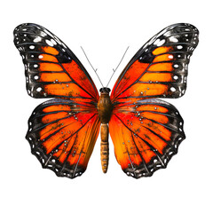 An orange butterfly with glistening water droplets on its wings, isolated on a transparent background. Generative AI